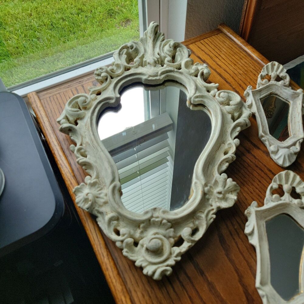 Vtg Set of 3 Italian Country Accent Wall Mirrors Whitewash Wood Scrolls READ - Picture 8 of 8